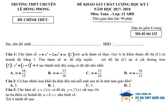 Đề thi học kỳ Toán Chuyên Lê Hồng Phong Nam Định